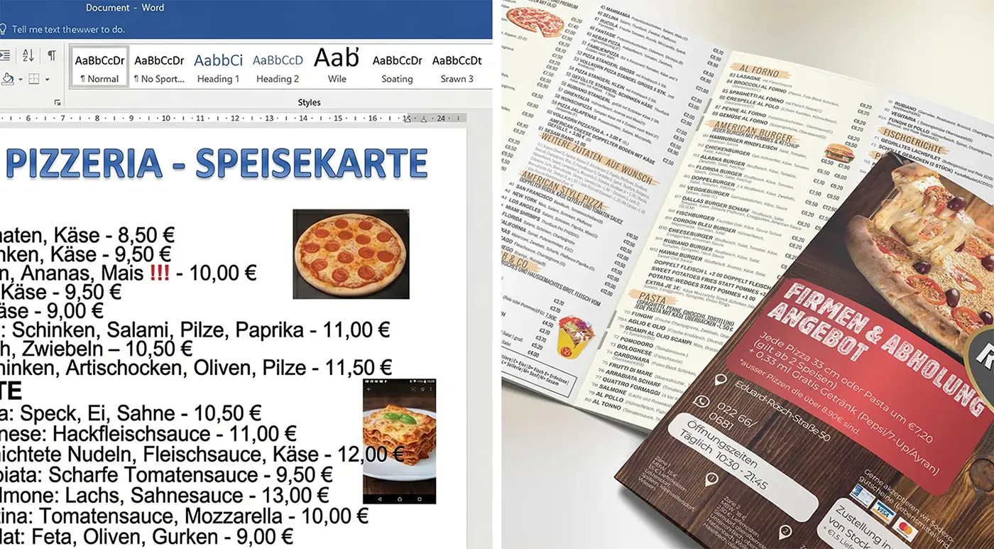 Word-Dizájn pizzeria menü